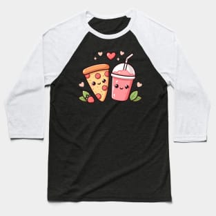 Pepperoni Pizza and Strawberry Drink with Hearts in Kawaii Style | Kawaii Food Art Baseball T-Shirt